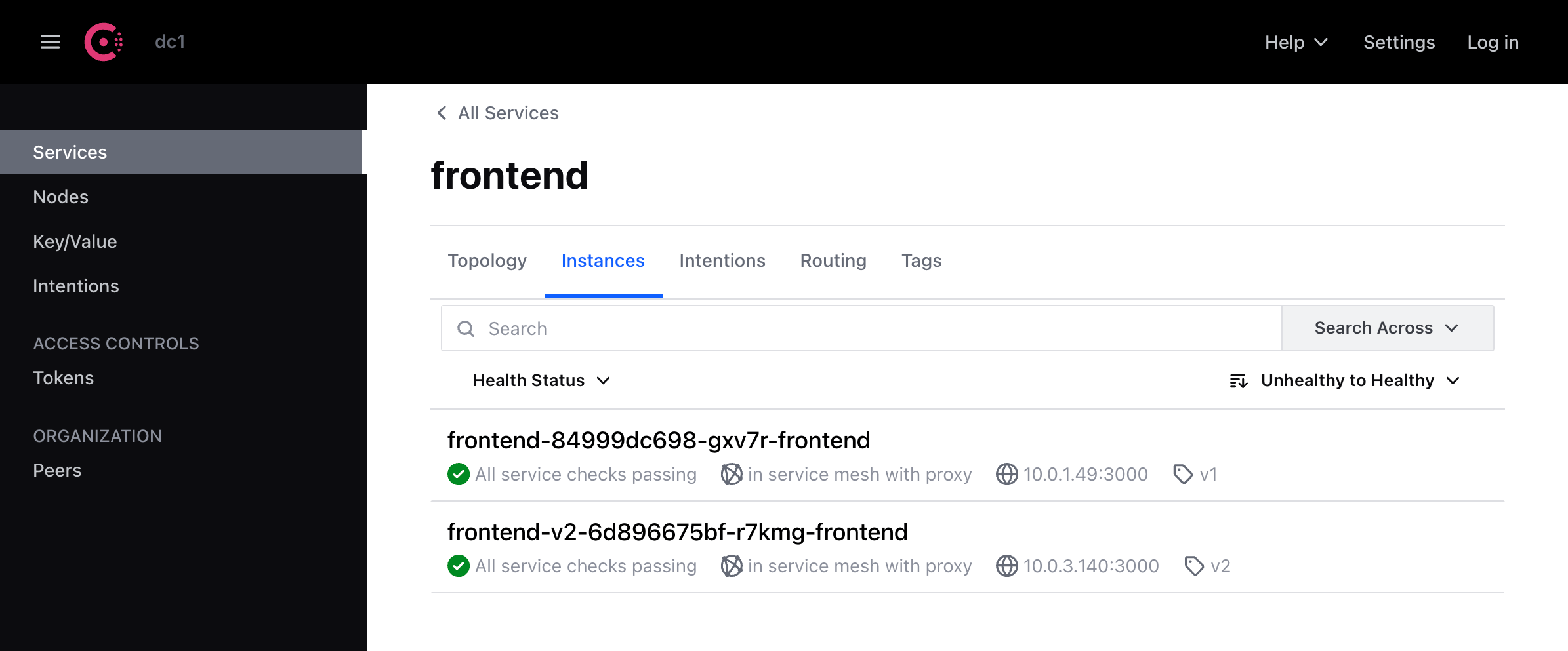 There are two instances of the `frontend` service, each one is tagged with a different tag (`v1` and `v2`) respectively.