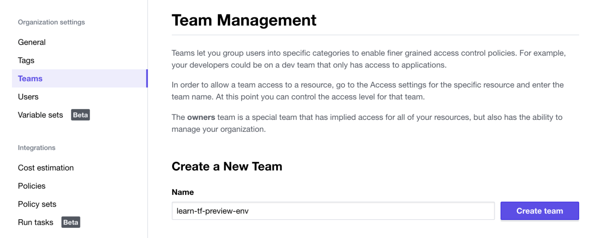 Create new team named `learn-tf-preview-env` in HCP Terraform