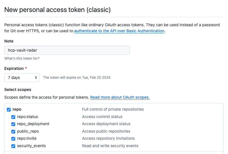Create a GitHub personal access token named
hcp-vault-radar