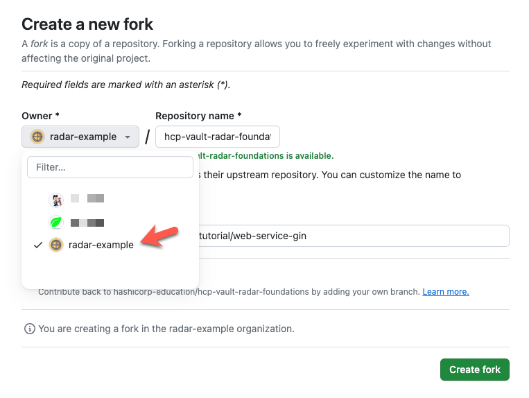Create a fork and select a GitHub organization using the UI