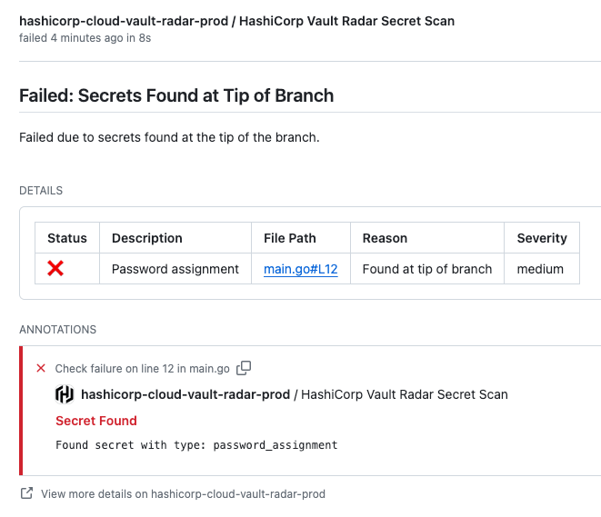 HCP Vault Radar GitHub app pull request scan details showing file path and
line number