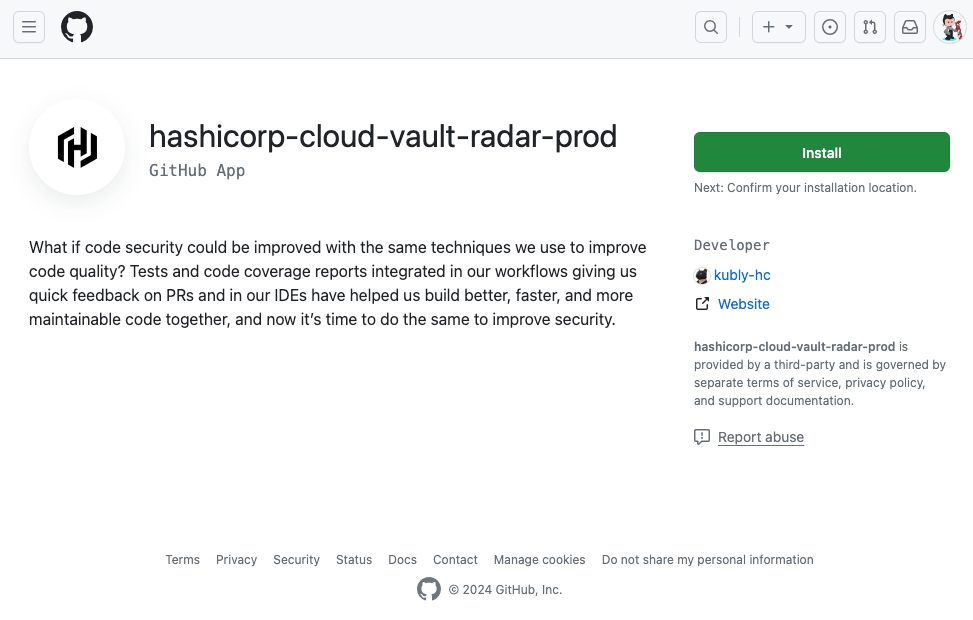 HCP Vault Radar GitHub app install
page