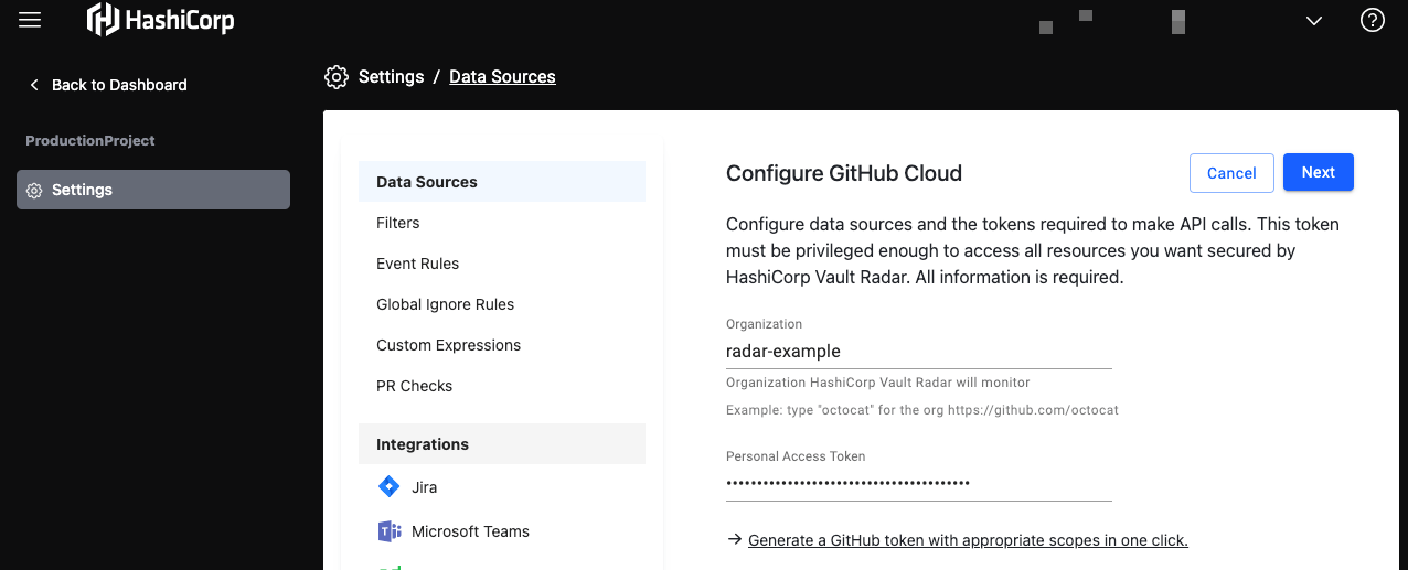 Add the GitHub personal access token to the HCP Vault Radar configuration page