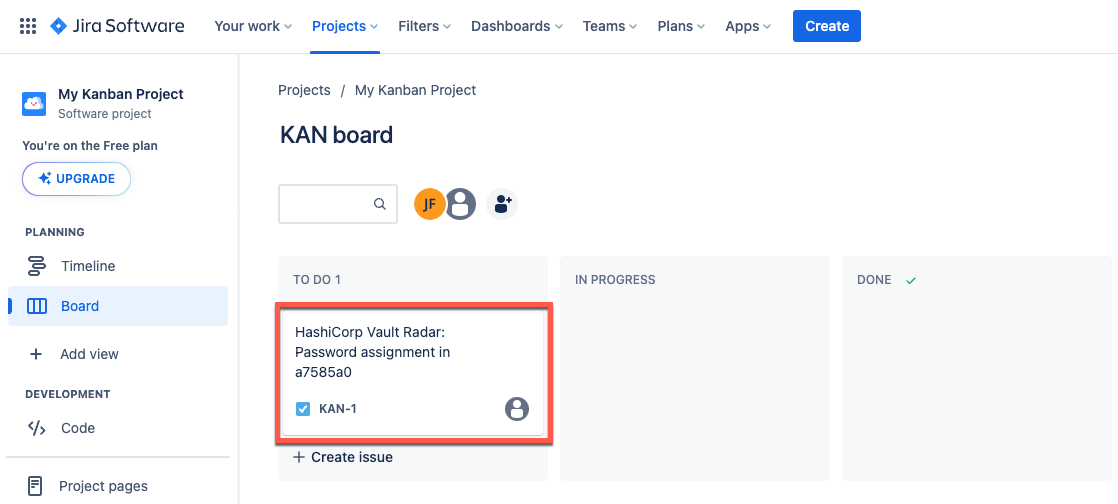 Jira Kanban board showing a new task triggered by the attempt to commit a
password to the GitHub repository monitored by HCP Vault
Radar