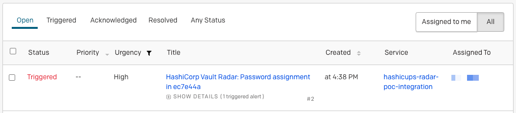 PagerDuty page showing an incident triggered by the attempt to commit a
password to the GitHub repository monitored by HCP Vault
Radar